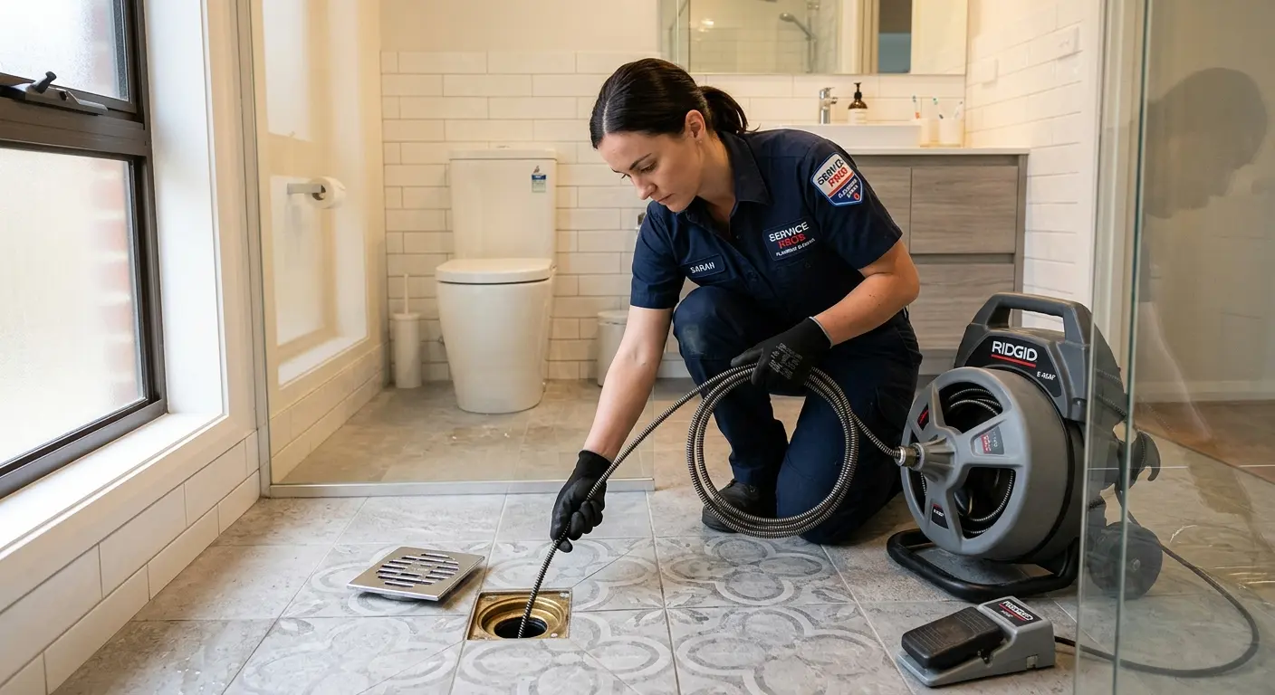 Technician clearing a bathroom floor drain for Drain Cleaning in Williamsburg